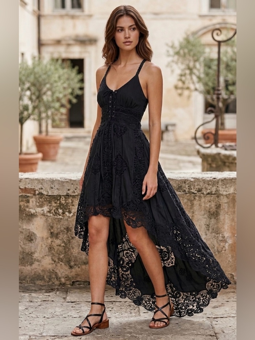 Midnight Muse Lace-Up High-Low Dress –‎ Gothic Boho Maxi with Braided Straps